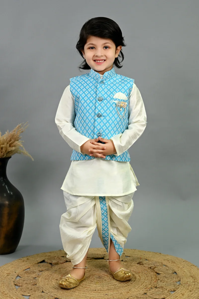 BT DEZINES Boys Sky Blue Cotton Silk Kurta Dhoti Set